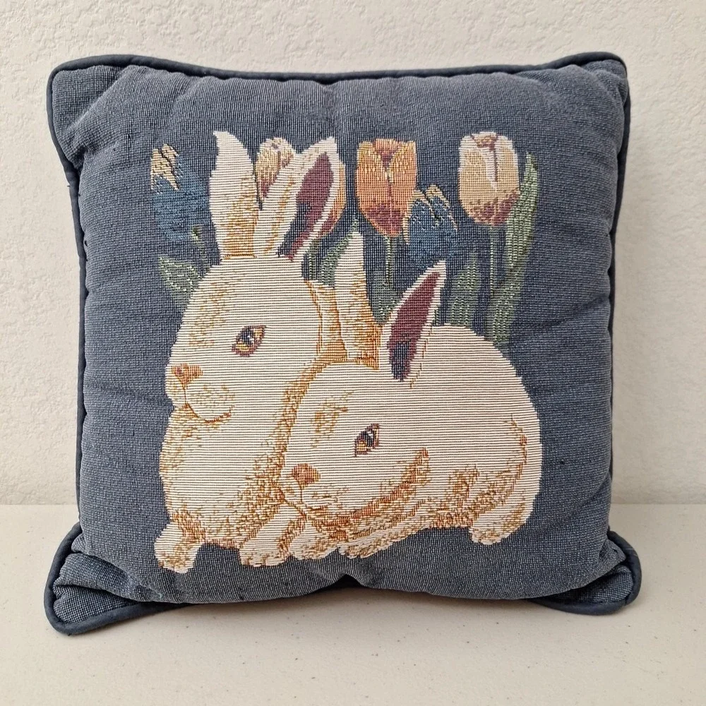 Vintage Tapestry Throw Pillow Bunny Rabbit Farmhouse Rustic Cottage Pillow 12x12